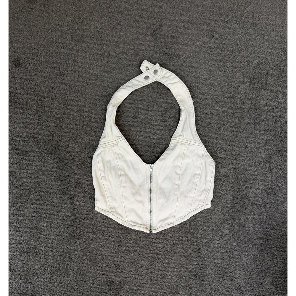 PacSun Ivory Denim Halter Corset Top Zip Front Pointed Hem Small Off-White